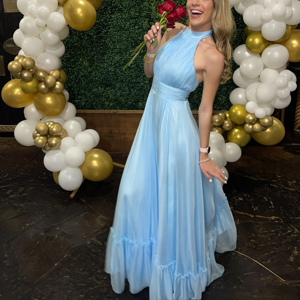 Light blue chiffon halter neck gown- MacDuggal size 2.